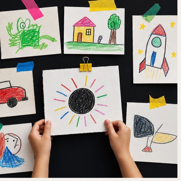 Child pinning a drawing of a black sun with rainbow rays to a wall of finished artwork
