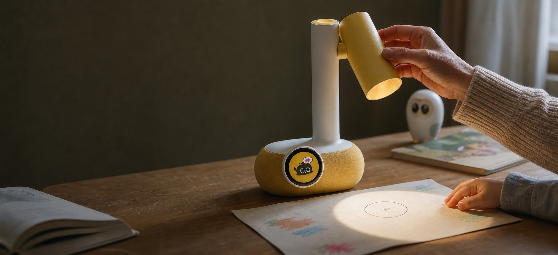 Parent adjusting the Drawing Projector's lamp head while Luka Reading Robot sits nearby